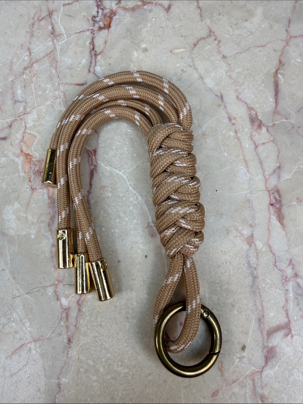 Beige Braided Tassel Keychain with Gold Accents